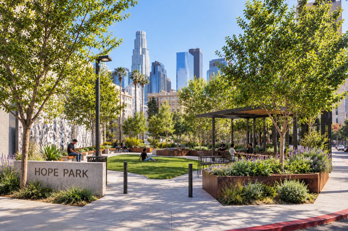 Concept rendering of Hope Park: a landscaped plaza with a lawn, planters, benches and a shaded seating pavilion, with the downtown Los Angeles skyline behind it